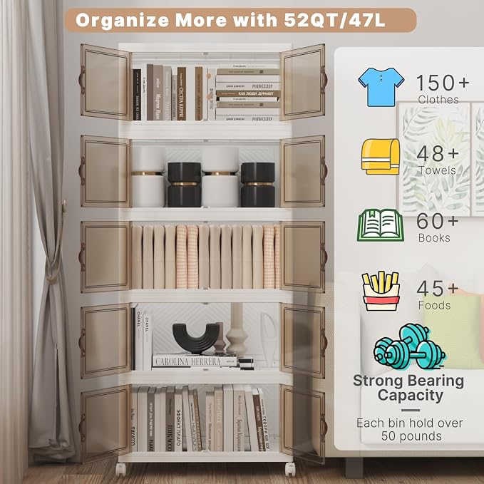 Stackable Storage Bins with Lids, 260QT Closet Organizers and Storage Cabinet with Doors & Wheels, Lockable Plastic Foldable Drawers for Bedroom Dorm Office Garage（52QT*5,White）