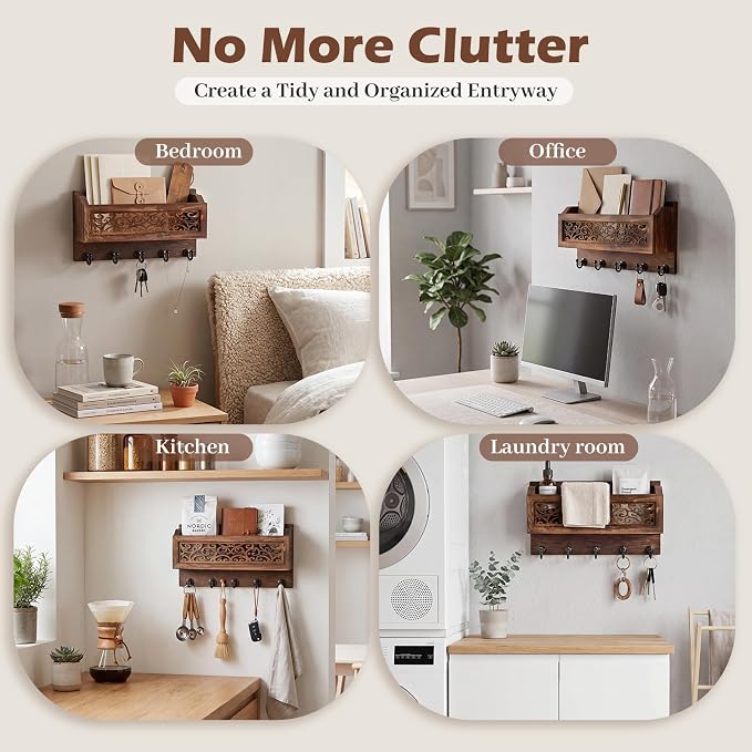 Novabright Mail and Key Holder for Wall Decorative Wall-Mounted Carved Wooden Mail Organizer with 5 Sturdy Key Hooks Rustic Home Decor for Entryway Hallway Office Farmhouse