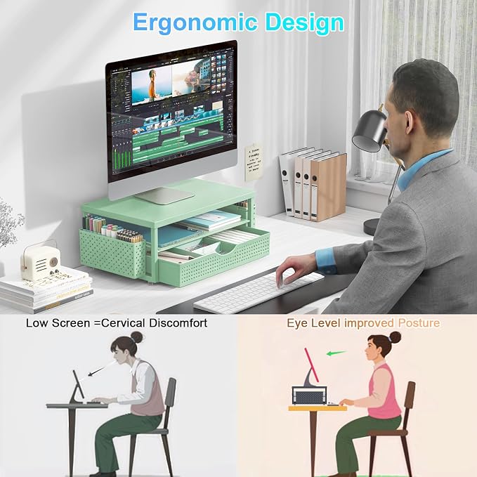 gianotter Desk Organizers and Accessories, Monitor Stand with Drawer and 2 Pen Holder, Desktop Organizer Suitable for Offices and Dormitories (Sage Green-Plain)
