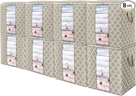 WISELIFE Storage Bags 8 Pack/100L Large Blanket Clothes Organization and Storage Containers for Comforters,Bedding, Foldable Organizer with Reinforced Handle, Clear Window, Sturdy Zippers,Beige