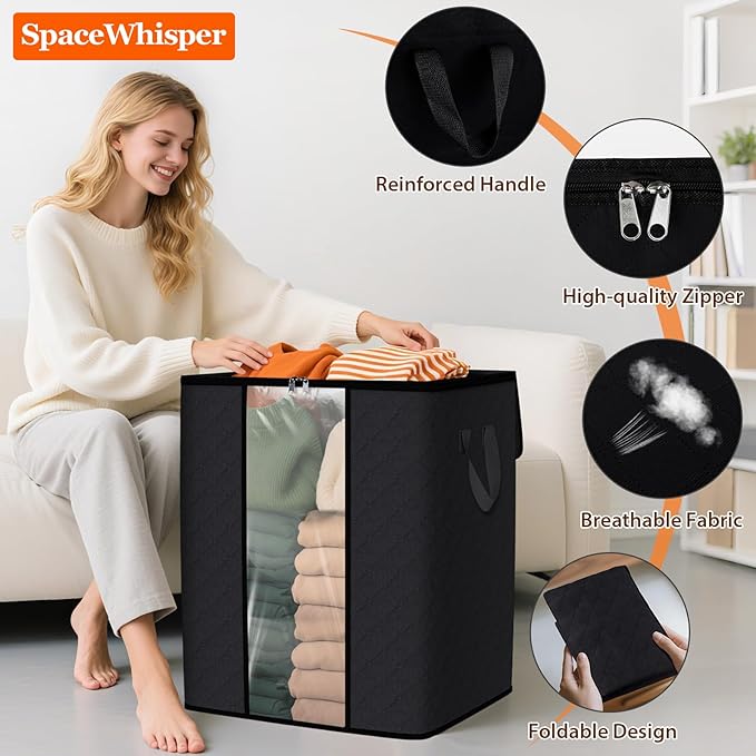 SpaceWhisper 4 Pack 100L Clothes Storage, Foldable Thick Fabric Blanket Storage Bags, Containers for Organizing Bedroom, Closet, Clothing, Comforter,Closet Organization with Handle,Black