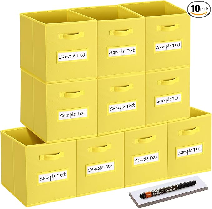 13x13 storage cube bins (Set of 10) Foldable Fabric storage cubes with 10 Labels Window Cards & a Pen,13 inch cube storage bins,Closet Organizers for Shelves,Cubby Organizer Boxes,Dark Yellow