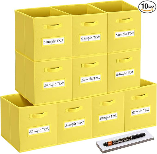 13x13 storage cube bins (Set of 10) Foldable Fabric storage cubes with 10 Labels Window Cards & a Pen,13 inch cube storage bins,Closet Organizers for Shelves,Cubby Organizer Boxes,Dark Yellow