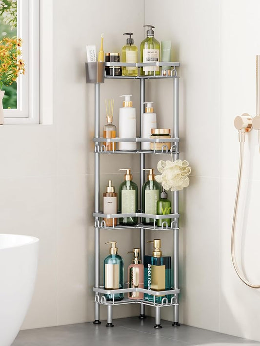 HapiRm Standing Shower Caddy Corner - 4 Tier Corner Shower Organizer with Toothbrush Holder and 16 Hooks, Large Capacity Rustproof Bathroom Shelves for Tall Bottles, Silver