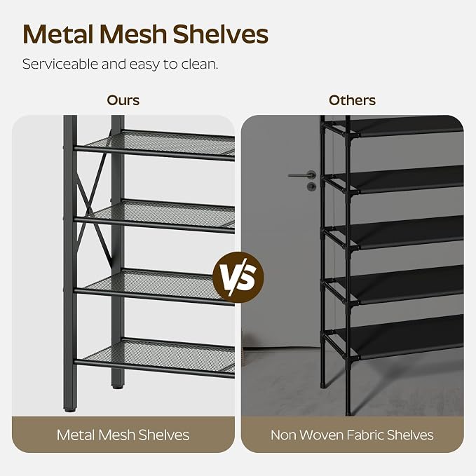 5 Tier Shoe Rack, Large Capacity Shoe Storage Organizer, Metal Shoe Shelf with Drawer and Wooden Top, for 20 Pairs of Shoes, for Entryway, Closet, Rustic Brown and Black SS25BRY1N1