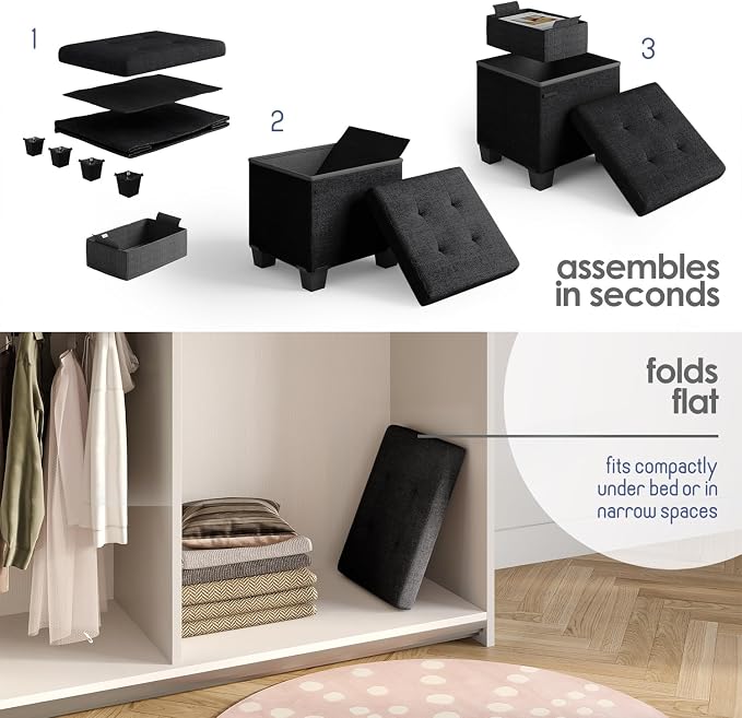 Storage Ottoman Cube with Small Bin, 15-in Square Ottoman with Storage for Living Room and Bedroom, Small Ottomans Foot Rest, Fabric Foot Stools Ottomans Max 330lbs, Black