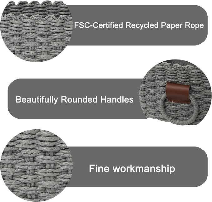 Small baskets for Organizing,Cute woven Storage basket with recycled paper rope for Shelves Bathroom,Little decorative basket,Set of 3 (Dark Grey)