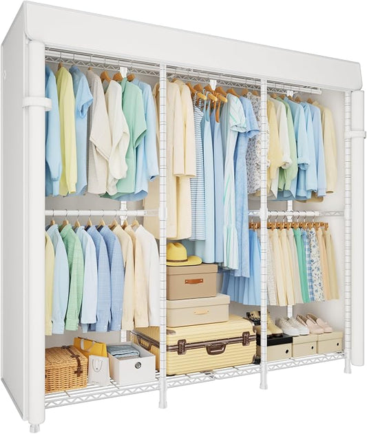 E14C Heavy Duty Closet Organizer System，Freestanding Clothing Racks for Hanging Clothes，Adjustable Garment Rack 58" W × 16" D × 77" H Hold 860 lbs，White Rack with White Cover