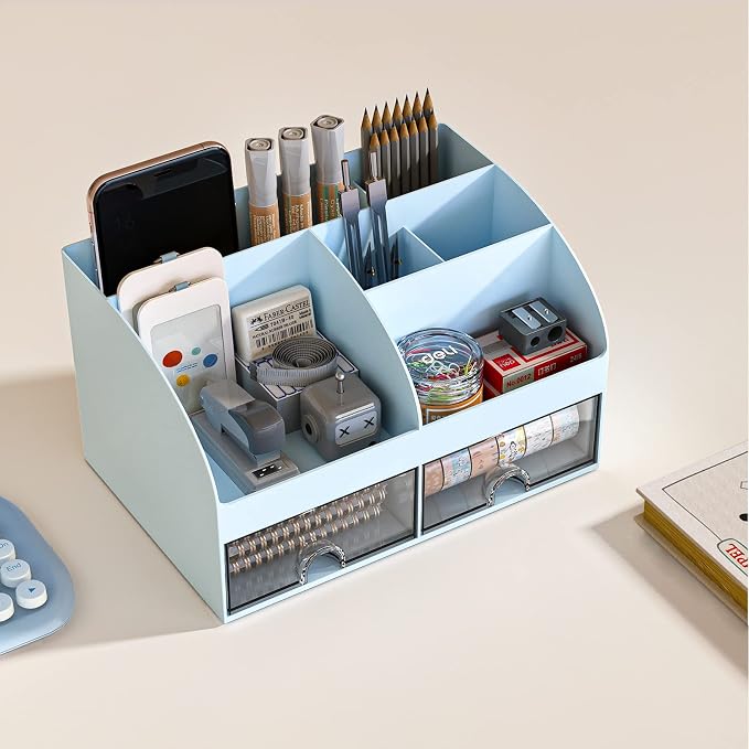 COMFYROOM Desk Organizer with 6 Compartments and 2 Drawers, Plastic Makeup Organizer, Pen Holder for Desktop Storage, Desk Organization for School, Home, Office Supplies (Blue)