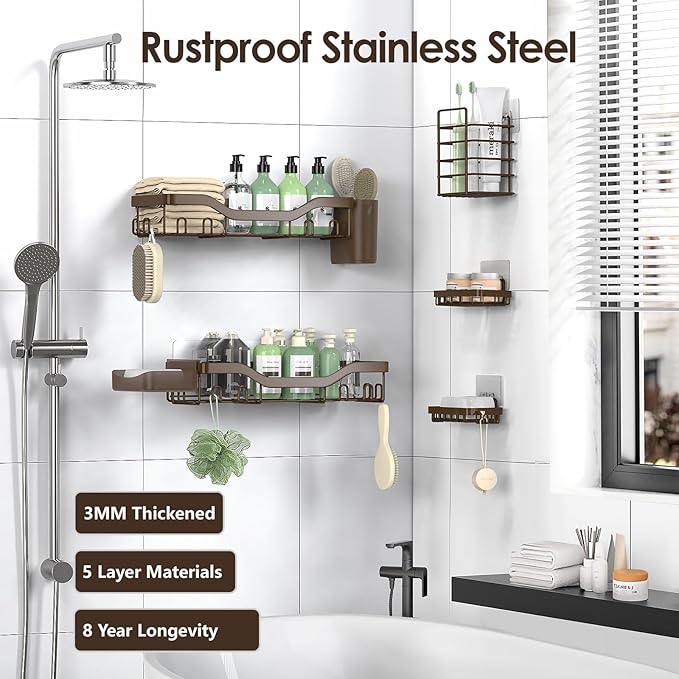 NESOMI Shower Caddy Adhesive Shower Organizer 7-Pack, Rustproof Stainless Steel Bathroom Shelves, Large Capacity No-Drill Rack Storage Accessories with Soap Dish Toothbrush Holder Hooks