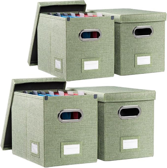 File Organizer Box - Set of 4 Collapsible Decorative Linen Filing Storage Hanging File Folders with Lids Office Cabinet Letter Size Green (14x9.3x10.8 inch)