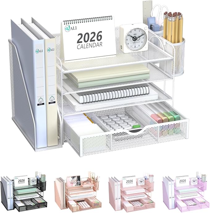 WALI Desk File Organizer, 4 Tier Desktop Paper Letter Tray Organizer with Drawer and 2 Pen Holders, Office Desk Accessories & Workspace Organizers for Office, Home Supplies(DO005DH-W), 1 Pack, White