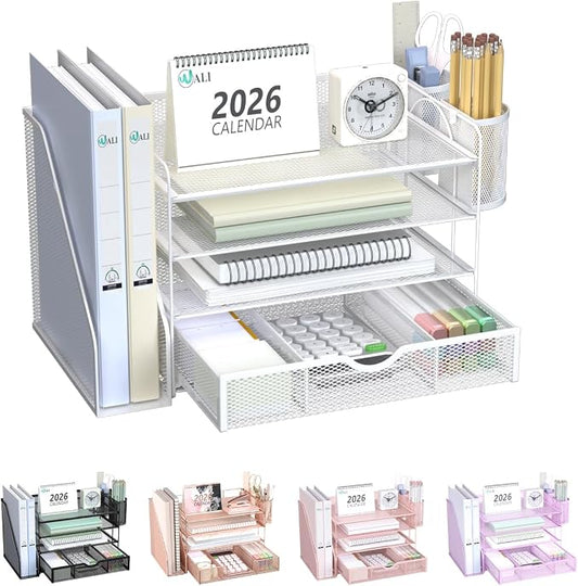 WALI Desk File Organizer, 4 Tier Desktop Paper Letter Tray Organizer with Drawer and 2 Pen Holders, Office Desk Accessories & Workspace Organizers for Office, Home Supplies(DO005DH-W), 1 Pack, White