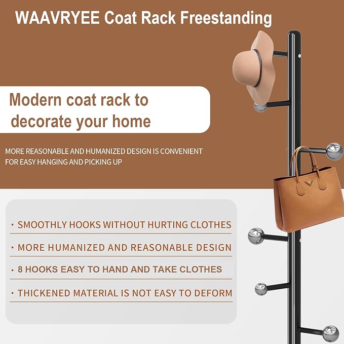 Coat Rack Stand, Black Metal Coat Rack Freestanding with 8 Hooks | Modern Coat Rack with Natural Marble Base,Modern Coat Hanger Stand, 3 Adjustable Coat Clothes Tree Stand for Office