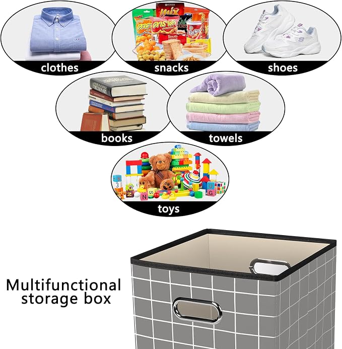Yunkeeeper storage bins Cubes, Fabric Cube Organizer with Handle, Foldable Cube Bins for Cloth or Accessary Storage, 11x11x11, Set of 3,(Grey grid)