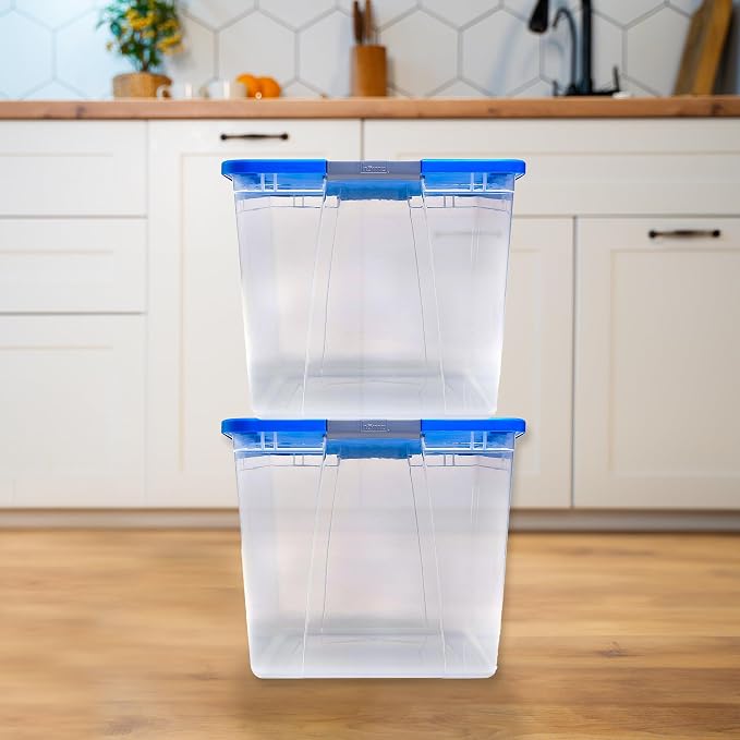 HOMZ Clear Plastic Storage Bin with Secure Latching Blue Lid, 64 Qt, 2 Pack | Heavy-Duty Stackable Containers, Large Organizer Box for Homes, Offices, and Garages
