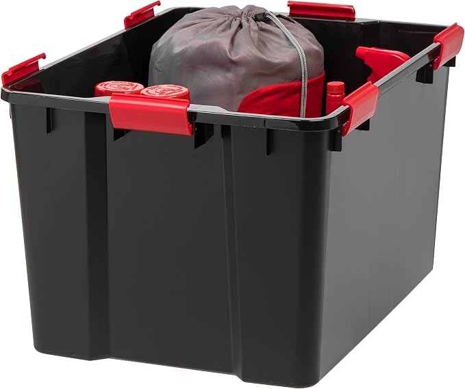 IRIS USA 3-Pack 74 Qt Storage Bins with Gasket Lids, Black/Red | WeatherPro seal helps protect bulky items for moving, garage, attic and basement storage