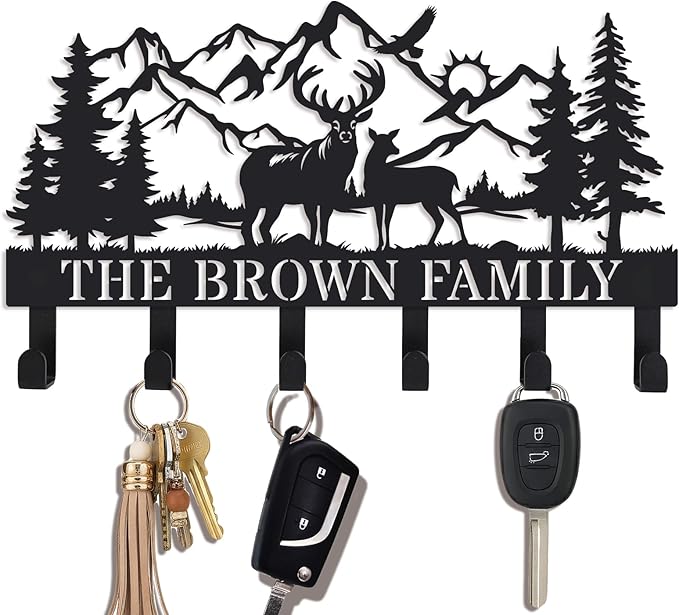 Personalization Deer Mountain Metal Key Holder custom Wall Mount Key Holder for Wall Rustic Cabin Decor Key Rack Hooks Hanger Woodland Wildlife Wall Art Entryway Organizer Housewarming Hunting Gifts