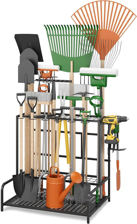Sttoraboks Garden Tool Organizer Rack Up to 39 Tools, Heavy-Duty Steel Yard Tool Organizer for Garage Storage with 12 Hooks, Broom Holder & Garden Tool Rack for Shed, Patio, Outdoor Storage, Black