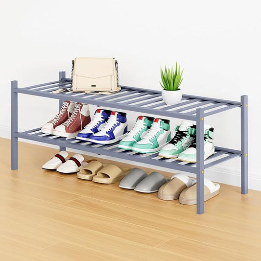 Smiry Bamboo Shoe Rack, 12 Vertical Slats, 2 Tier - 33.7" Wide, Grey | Stackable Free Standing Wooden Shoe Organizer, Wood Shoe Storage Shelf for Closet, Entryway