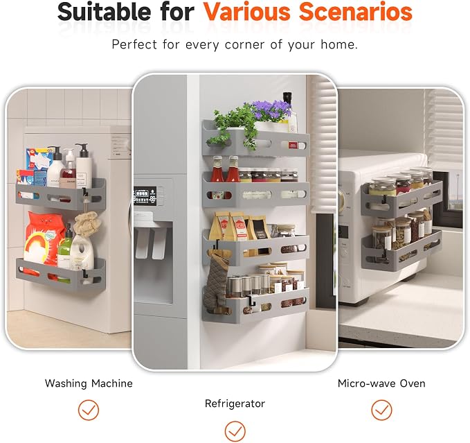 Sevenblue 4-Pack Magnetic Spice Rack for Refrigerator with Hooks, Grey | Strong multipurpose magnetic shelf for kitchen & bathroom organization. Includes 4 removable hooks for hanging items.