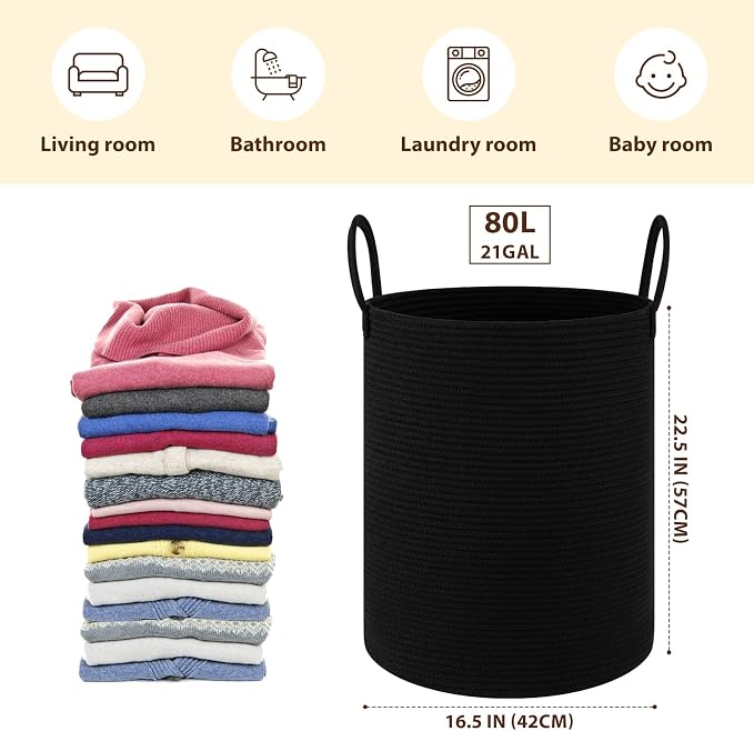 OIAHOMY Large Laundry Basket Hamper - 80L Cotton Rope Woven Basket for Blankets, Toys, Clothes - Tall Decorative Nursery Hamper with Long Handles, Black