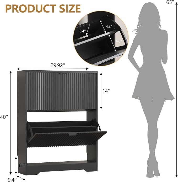 HUANLEGO Shoe Cabinet Storage for Entryway with 2 Flip Drawers, Black Fluted Shoe Cabinet with Open Storage, Wooden Hidden Shoe Rack Freestanding Narrow Slim Shoes Organizer for Hallway, Entrance