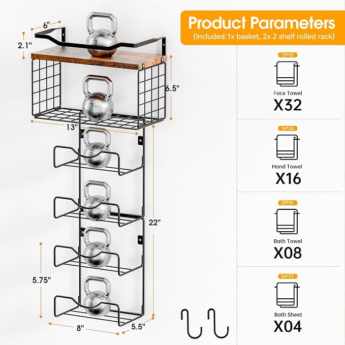 Towel Racks for Bathroom,Towel Rack Wall Mounted, 6 Tier Rolled Or Folded Towel Holder with Floating Shelves, Bathroom Towel Holder for Bath, Hand Towels,Metal and Wood