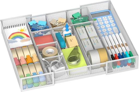 Expandable Desk Drawer Organizer, 10 Adjustable Compartments, White | Metal mesh drawer organizer tray with 5 removable dividers, expands from 8.74 to 16 in for office supplies, makeup or tools