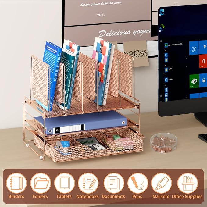 LEKETREE Rose Gold Desk Organizer, Office Organization with Vertical File Holder, File Organizer with Drawer and Office Supplies, Desk Accessories and Workspace Organizers (Rose Gold)