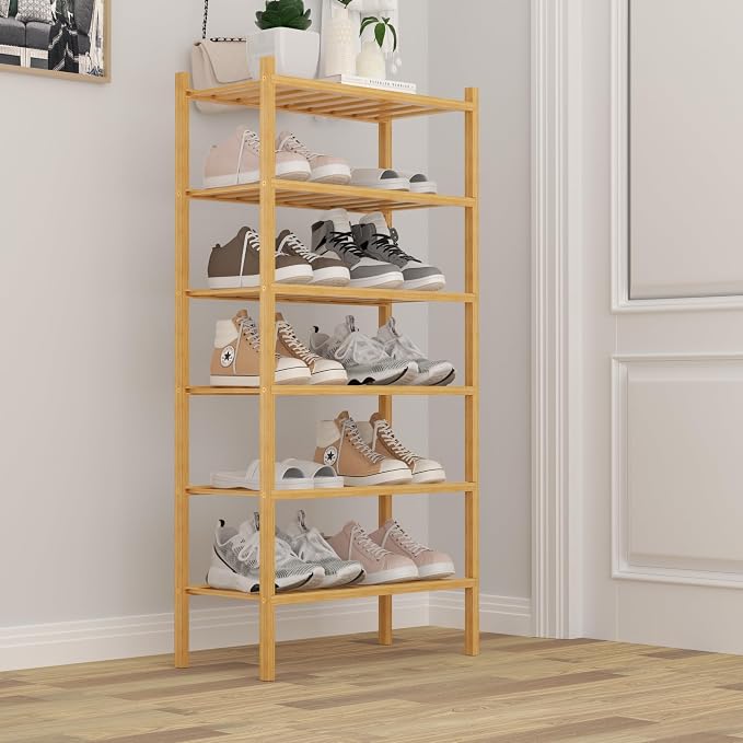 ROMGUAR CRAFT 6-Tier Bamboo Small Shoe Rack, Free Standing Wood Shoe Shelf Storage Organizer for Closet Entryway Stackable (Natural)