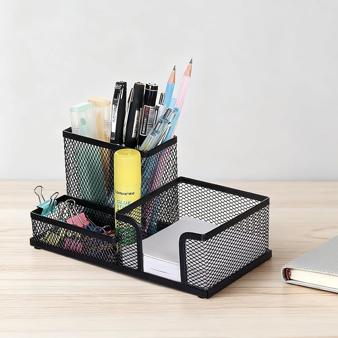 Comix Mesh Pen Holder, Desk Organizer for Home Office, Black | 3 Compartment Pencil Holder, Sticky Notes Holder, Pen Organizer Office Supplies