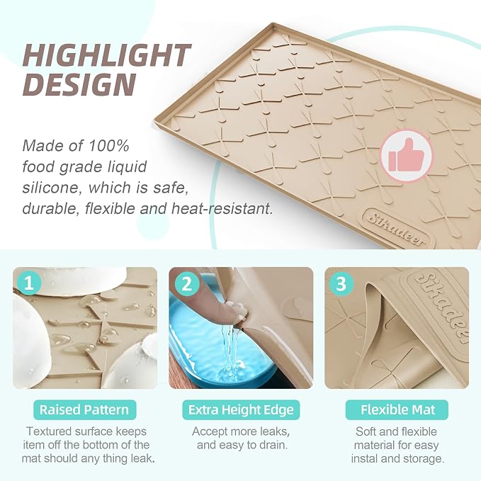 SIKADEER Waterproof Under Sink Mat Food-Grade Kitchen Shelf Liner 40" x 22" | Thick Raised Edge Cabinet Protector, BPA Free Kitchen Organizer and Storage, Non-Slip Dog & Cat Mat, Silicone Drying Mat