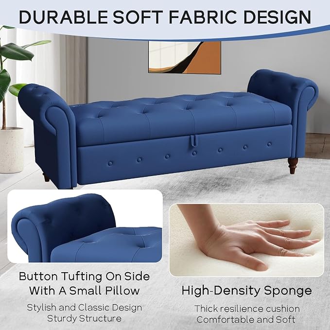 NIOIIKIT 63'' Storage Ottoman Bench, Tufted Entryway Bench Blue Polyester | Button Tufted End of Bed, Large Storage Space, Rolled Armed Ottoman Couch Long Bench for Bedroom, Living Room, Hallway