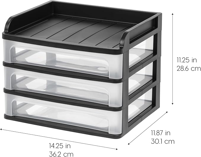 IRIS USA 3-Drawer Medium Desktop Organizer with Paper Tray, Black