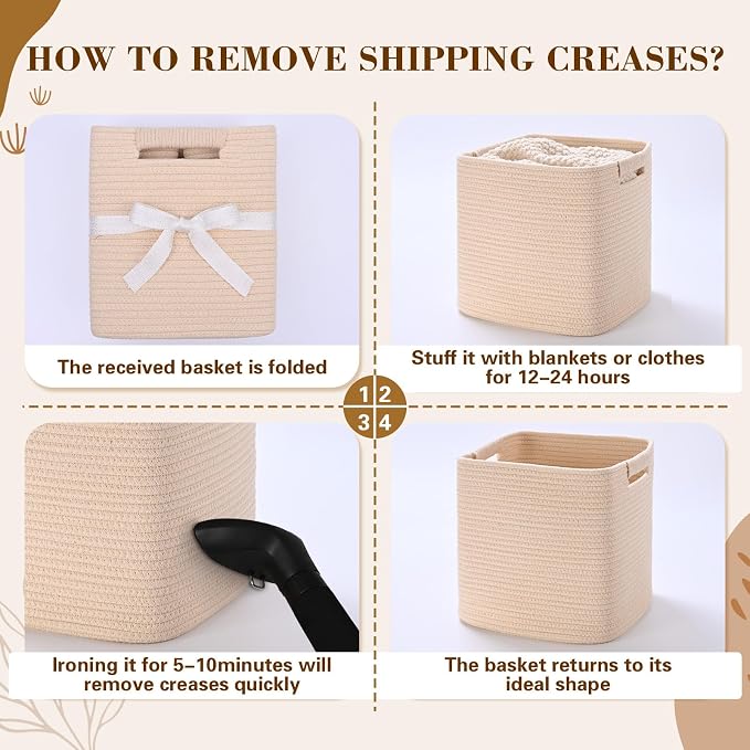 11 Inch Storage Cubes, 3 Pack Cube Storage Bins for Organizing, Cotton Rope Woven Baskets for Shelves, Bathroom, Kids Room, Closets, Baby Nursery