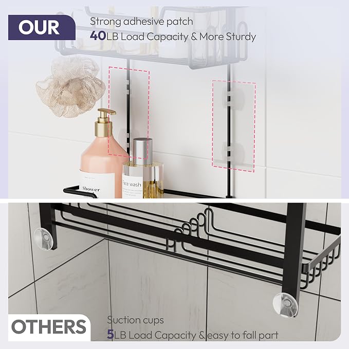 SWTYMIKI Bathroom Shower Caddy Hanging - Extended Length 2 Tier Rustproof Over Shower Head Organizer, No Drilling Bathroom Shelf with 14 Hooks & Soap Holder, Anti-Swing Rack, Black, Medium