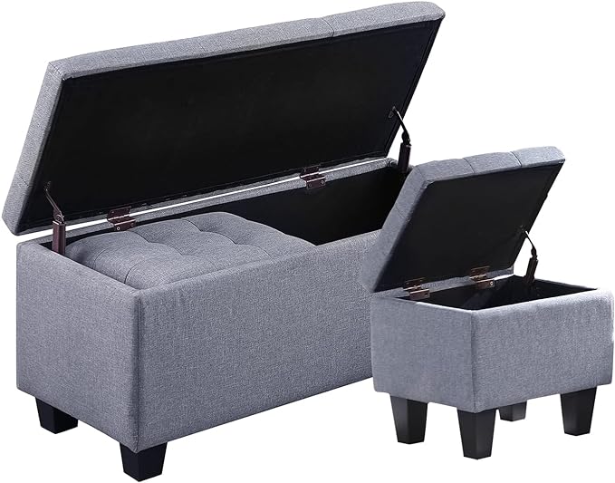38'' Hinged Storage Ottoman w/Small Foot Stools, Set of 3, Grey | No Tools Assembly, Classical Tufted Cushion Top, Soft Linen Fabric, Large Store Capacity, for Entryway, Window, End of Bed