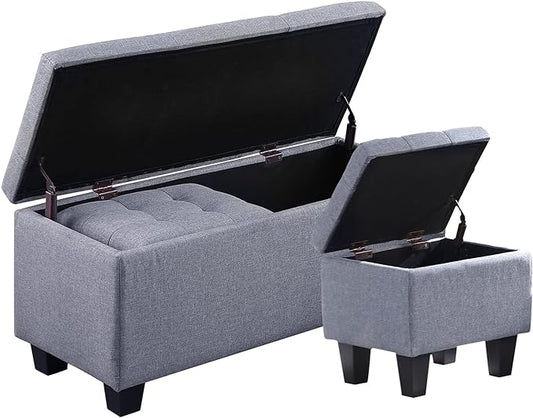 38'' Hinged Storage Ottoman w/Small Foot Stools, Set of 3, Grey | No Tools Assembly, Classical Tufted Cushion Top, Soft Linen Fabric, Large Store Capacity, for Entryway, Window, End of Bed