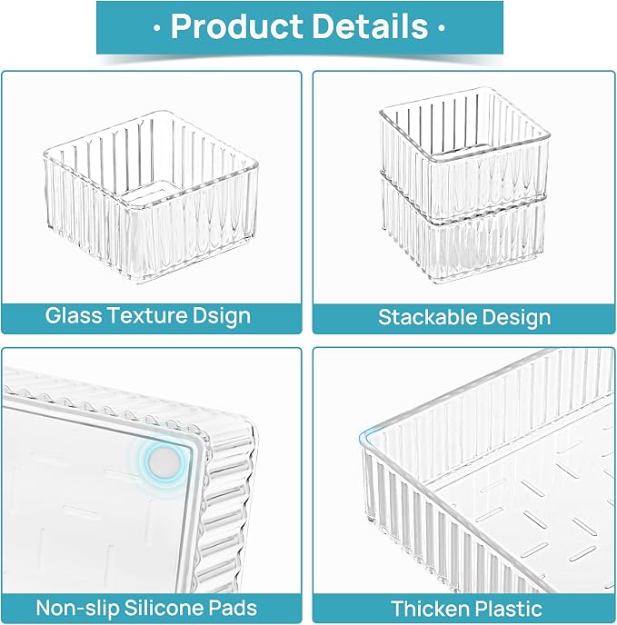 Vtopmart 7 PCS Clear Makeup Drawer Organizers Bins, 4-Size Stackable Makeup and Vanity Organizer Trays, Acrylic Bathroom Storage Containers for Cosmetic, Toiletries, Office Supply, Utensils, Gadgets