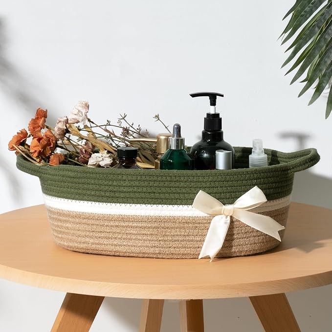 CHICVITA Small Gift Basket, Decorative Storage Basket, Green & Brown | 13" x 10" x 5", Cotton Rope, Christmas, Toys, Towels & Diapers Organization, Nursery & Home Decor, Built-In Handles