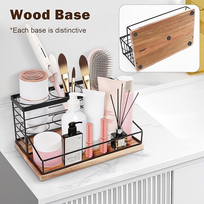 Hair Tool Organizer, Movable Hair Dryer Holder, Hair Styling Tools Storage for Vanity, Bath Counter Organizer, Bathroom Trays for Hair Toiletry, Makeup (12" x 7.7" x 5.8", Wood-Black)