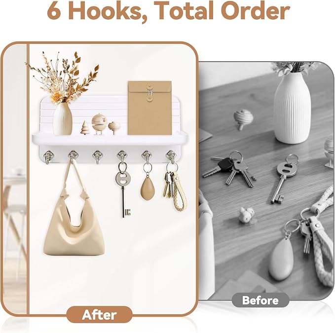 Key Holder for Wall, Mail Organizer Wall Mount with 6 Hooks Wooden Hanging Key Rack for Home Decor, Hallway, Entryway (White)