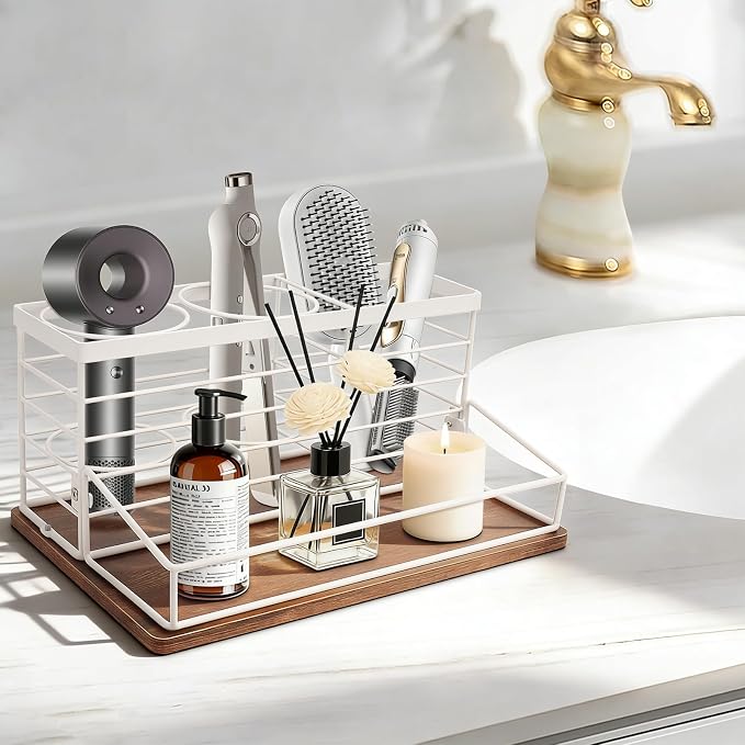 Hair Tool Organizer, Movable Hair Dryer Holder, Hair Styling Tools Storage for Vanity, Bath Counter Organizer, Bathroom Trays for Hair Toiletry, Makeup (12" x 7.7" x 5.8", Wood-White)