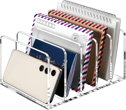 BEYGORM Acrylic Mail Holder, 5 Compartments Multifunction Desk Organizer | Clear Vertical Letter Sorter with Dividers, Modern Office & Home Storage for Documents, Notebooks & Folders