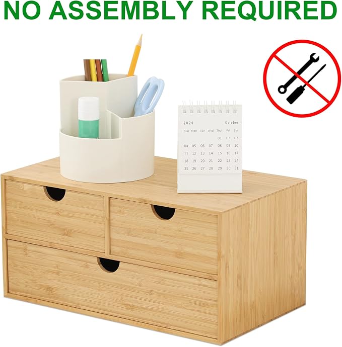 Bamboo Desk Organizer with Drawers, 3-Drawer Desktop Storage Box | 3 Drawers Open Top Tray Fully Assembled Stores Pens, Notes, Makeup, Jewelry & Toiletries for Office, Vanity & Bath