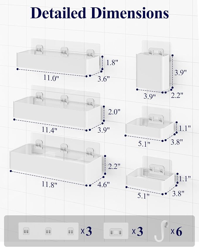 Kitsure Large Shower Caddy - Adhesive 6-Pack Bathroom Shelves, White | No-Drilling Rustproof Shelves with Soap Holder, Toothbrush Holder, 6 Hooks, Stylish Bathroom Organizers and Storage Solution