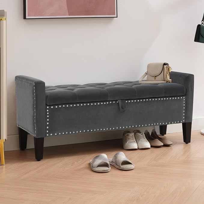 Storage Ottoman Bench, Velvet Upholstered Footstool for Bedroom and Living Room, Frosted Flannel Seat with Storage, Wooden Legs & Metal Rivets, Dark Grey