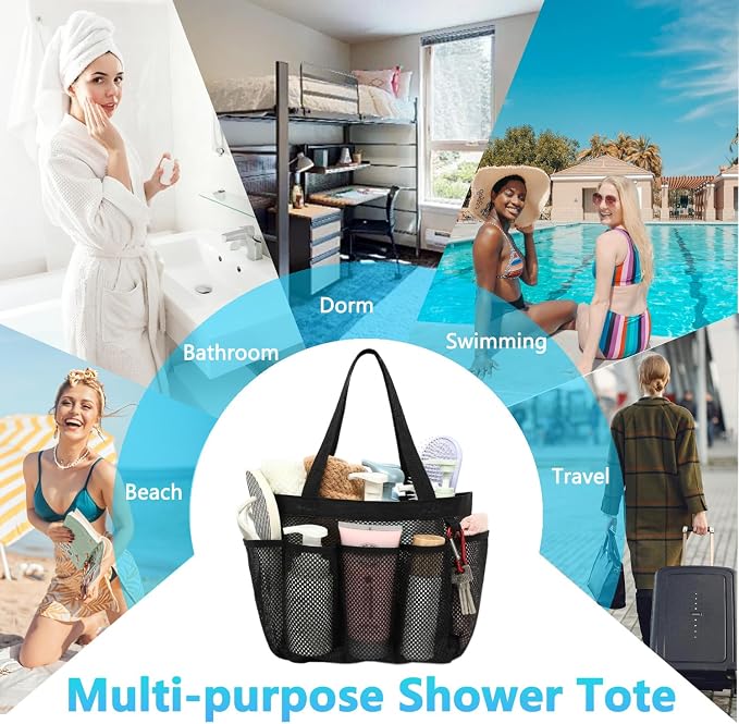 Fammart Mesh Shower Caddy Portable for College Dorm Room Essentials, Odorless Polyester Large Shower Tote Bag with Dual Handles, 8-Pocket Quick-Dry Toiletry Organizer for Travel, Beach, Camping, Gym