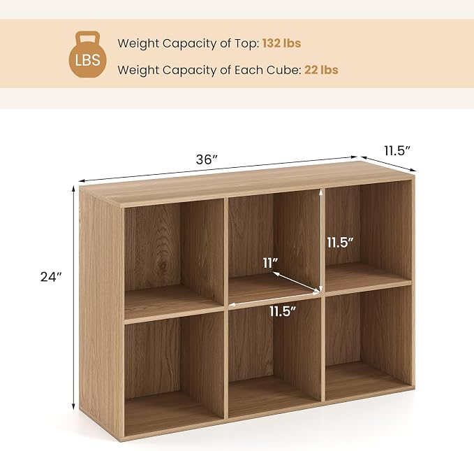 Giantex 6-Cube Bookcase, 3-Tier Cubby Bookshelf, Horizontal Vertical Display Rack with Anti-Tipping Kits, Modern Storage Organizer Shelf Unit for Bedroom, Living Room, Study Room, Natural | Horizontal Vertical Display Rack with Anti-Tipping Kits, Moder...